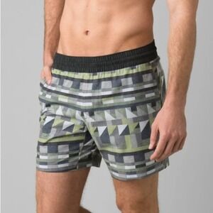 Prana‎ Men's XL Geometric Print Athletic Swim Trunks Shorts Black Green